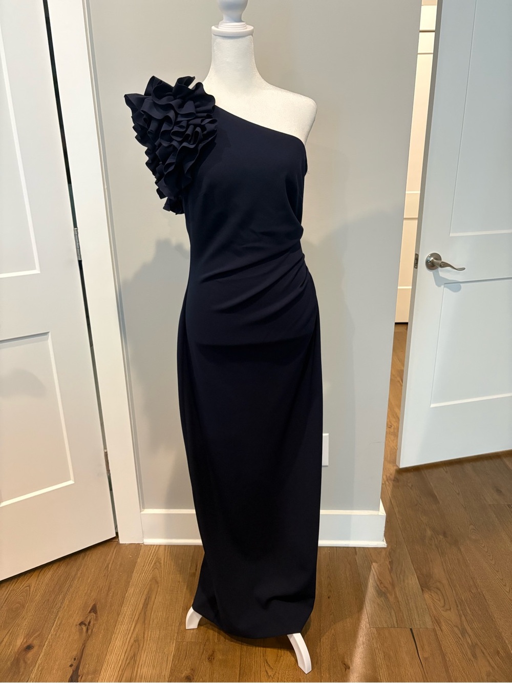 Xscape One-Shoulder Navy Gown with Floral Ruffle